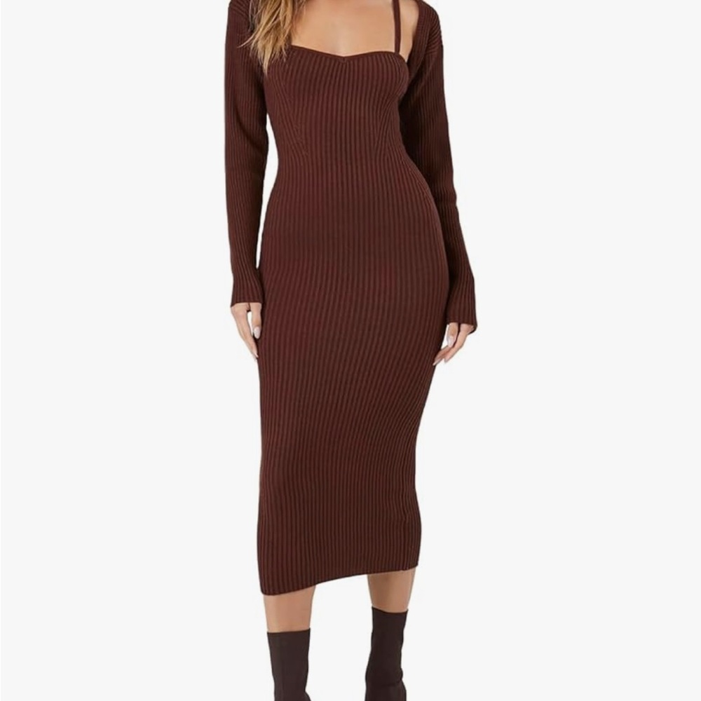 NWOT Elegant Brown Ribbed Knit Midi Dress With Matching Bolero Top